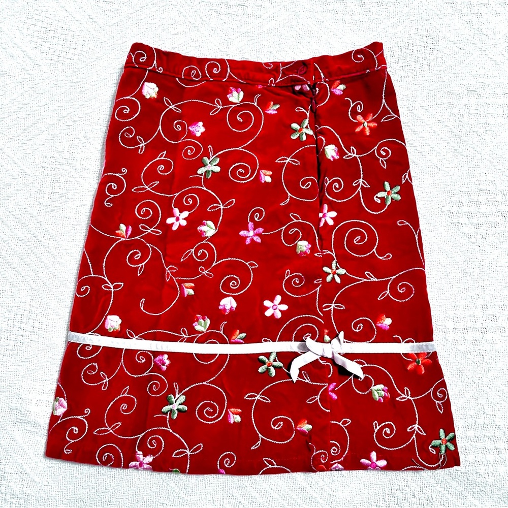 Red Velvet Holiday Kids Size 8 Skirt With White Bows and Embroidered Flowers
